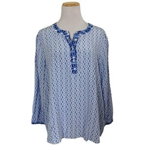 Vineyard Vines Popover Geometric Top Womens L Blue White Coastal Henley Blouse